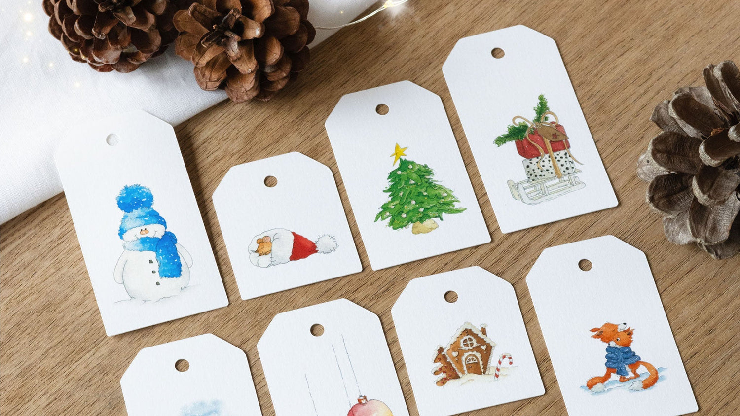 Geschenkanhänger Weihnachten mit Schneemann, Rotkehlchen und Weihnachtsmann Maus