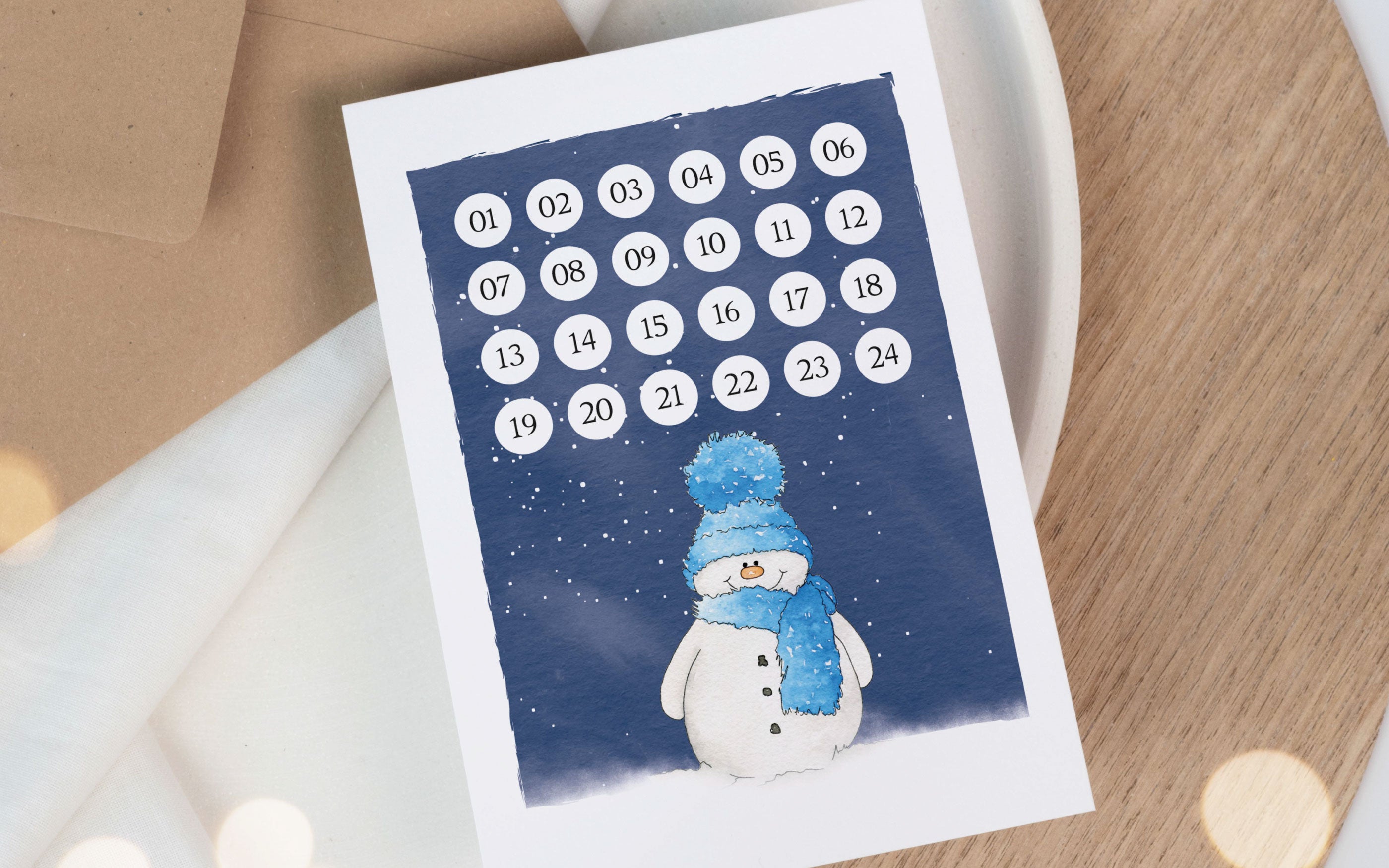 Funkenbunt Adventskalender Karte mit Aquarell Schneemann und Countdown bis Weihnachten