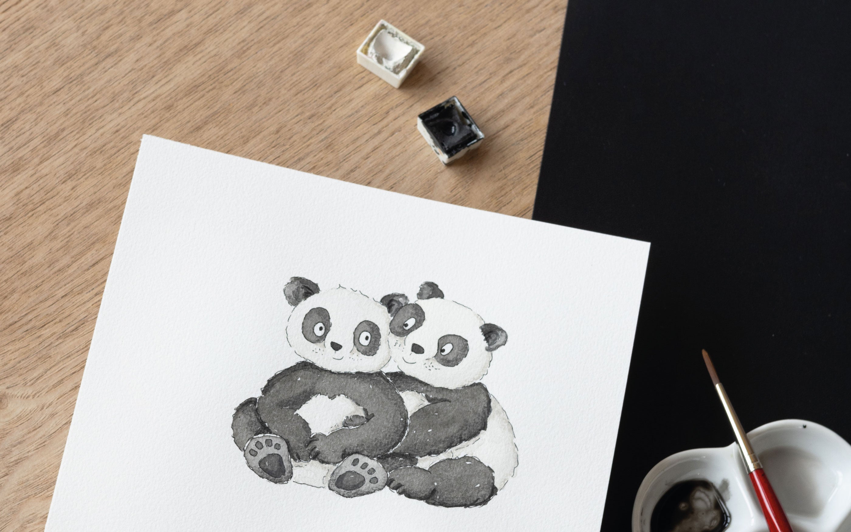 Funkenbunt original gemaltes Aquarell Bild mit Panda Bären