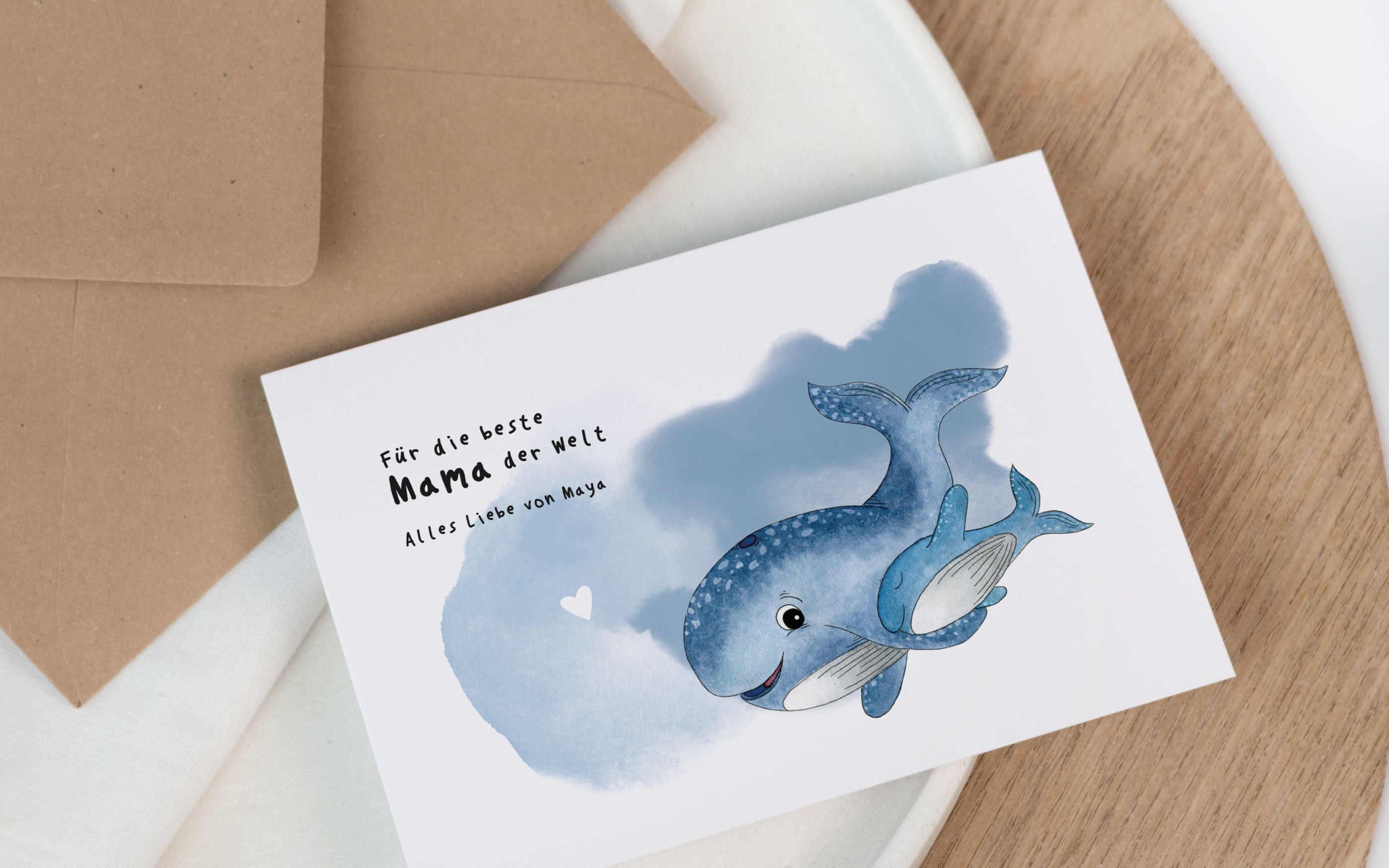 Funkenbunt Karte mit handgemaltem Aquarell Bild mit Walen und individueller Personalisierung