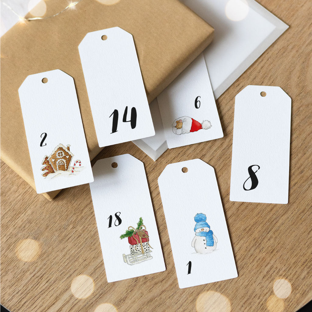 24 Adventskalender Anhänger mit Aquarell Weihnachtsbildern