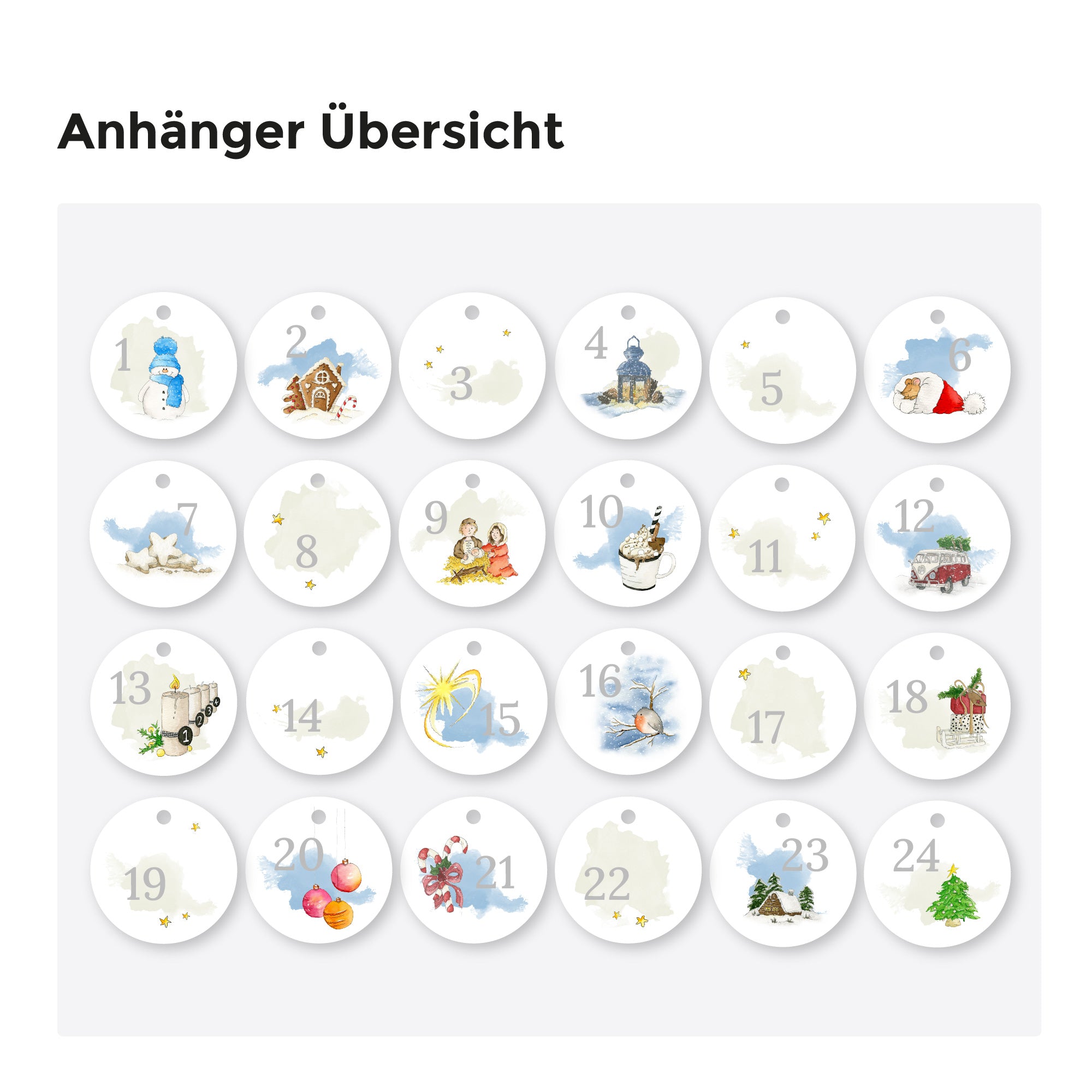 Übersicht aller 24 Adventskalender Anhänger mit ausgeplotteten Zahlen und weihnachtlichen Aquarell Motiven für Kinder.