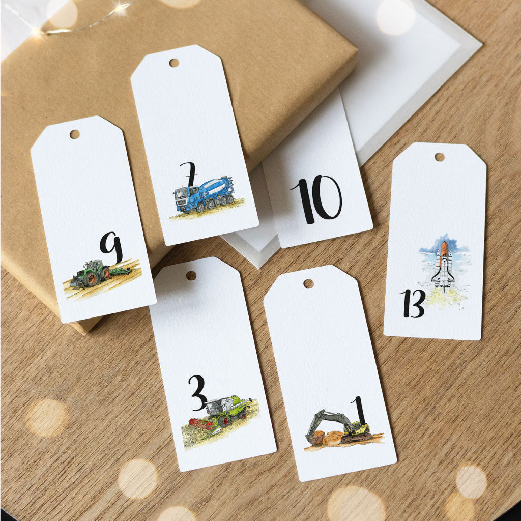 24 Adventskalender Anhänger mit Aquarell Fahrzeug Bildern