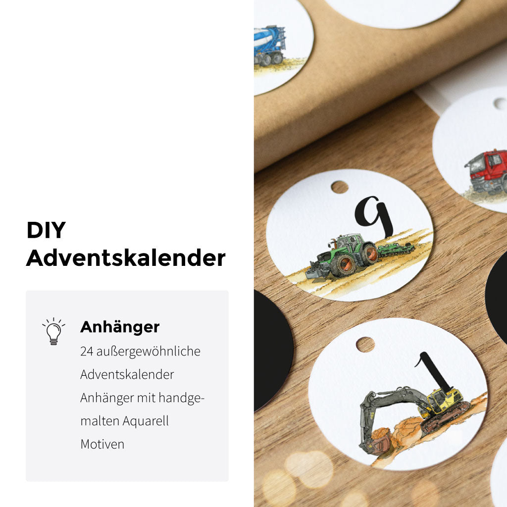 Runde Anhänger für DIY-Adventskalender mit handgemalten Aquarell-Fahrzeugen: Zahl 1 mit Bagger, Zahl 9 mit Traktor auf Ackerboden