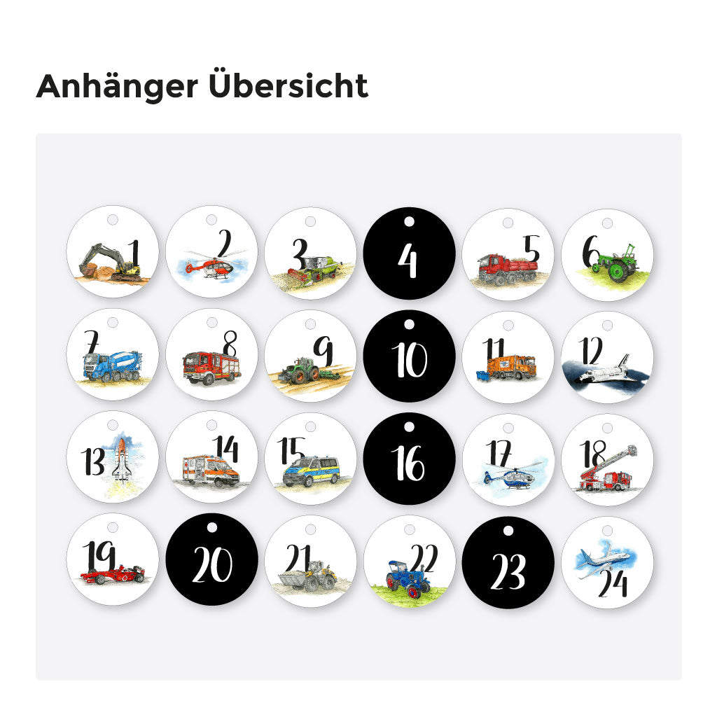 Übersicht aller 24 Adventskalender-Anhänger mit Fahrzeugmotiven – von Baustelle bis Luftfahrt, ideal für DIY-Projekte mit Kindern, besonders Jungs
