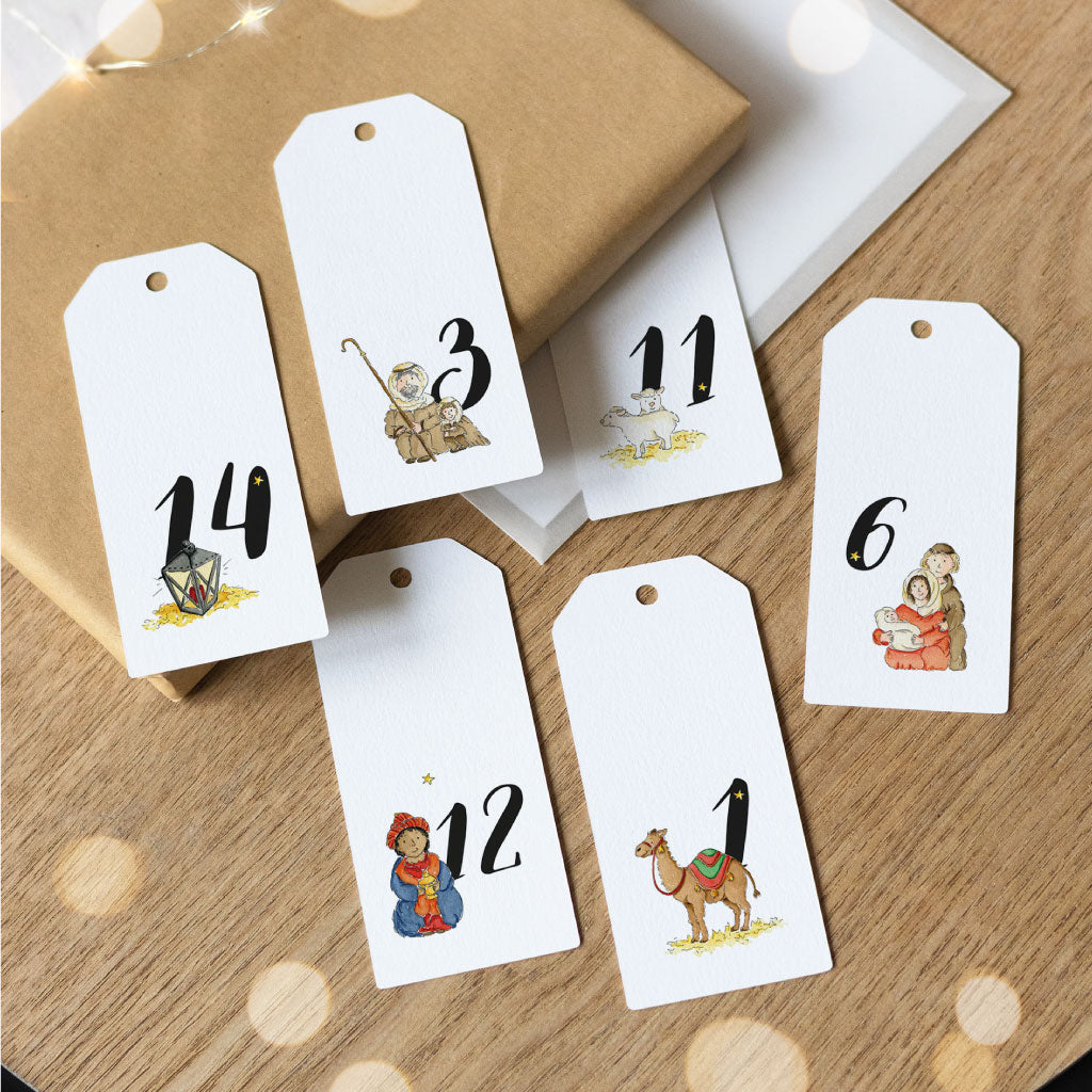 24 Adventskalender Anhänger mit Aquarell Bildern aus der Weihnachtsgeschichte