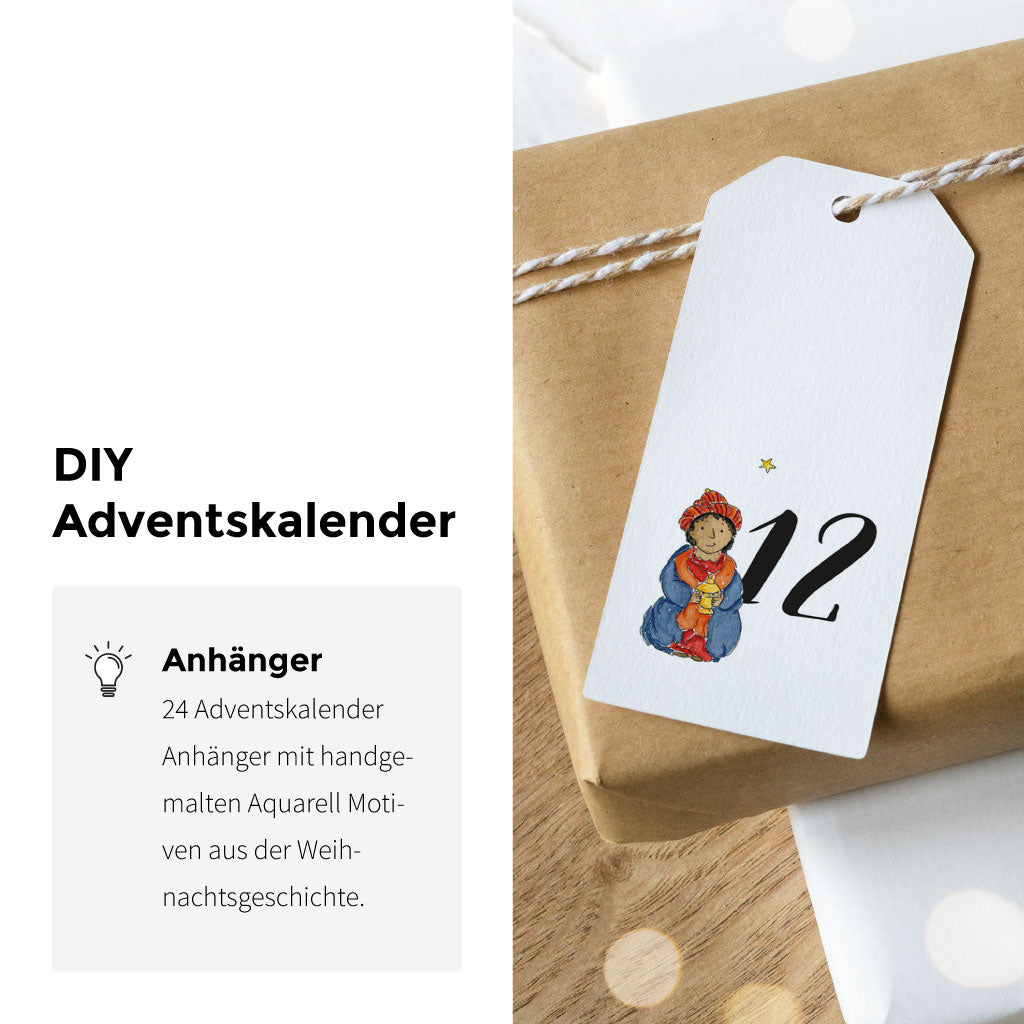 Rechteckige Weihnachtskalender Anhänger mit Lochung und handgemalten Motiven