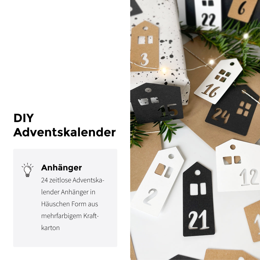 24 Adventskalender Zahlen Anhänger in weiß, schwarz und Kraftkarton