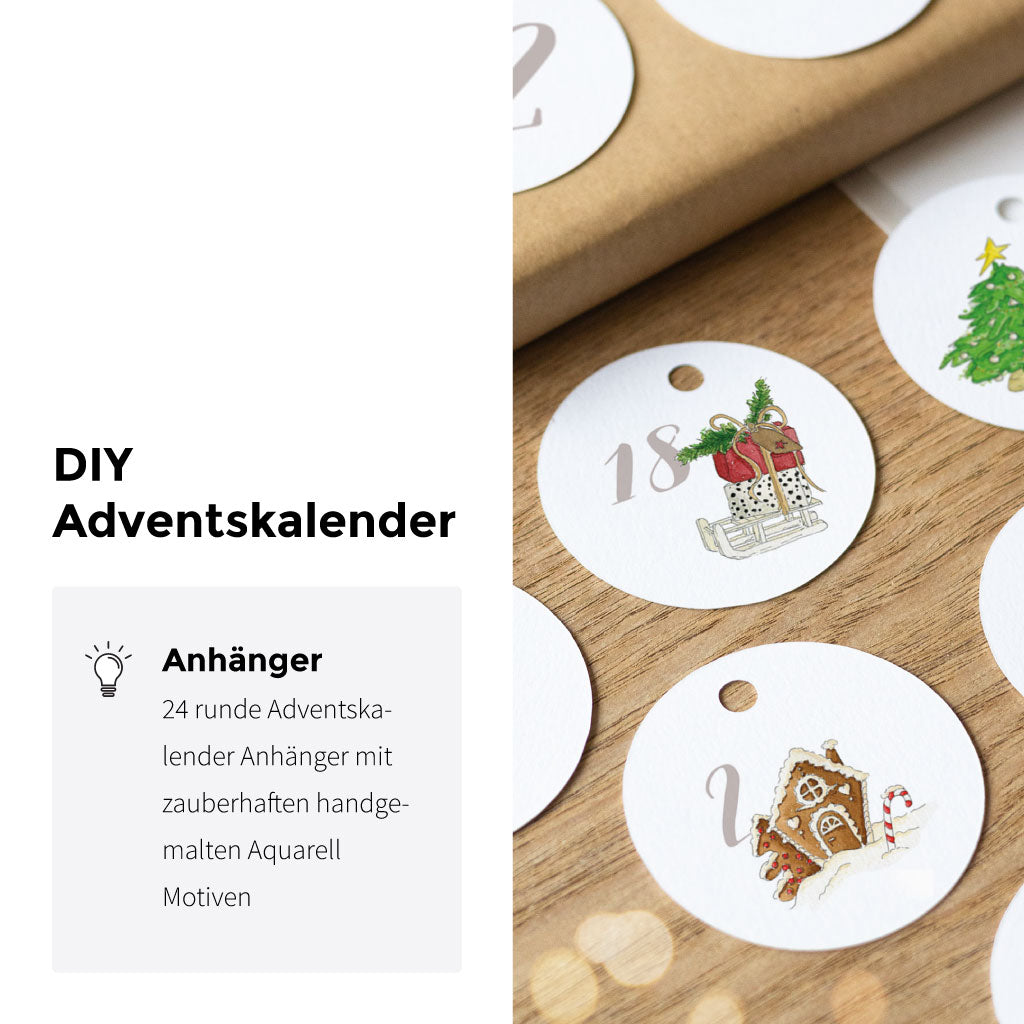 DIY-Anhänger für den Adventskalender mit Weihnachtsmotiven: Zahl 18 mit Geschenkeschlitten, Zahl 2 mit Lebkuchenhaus