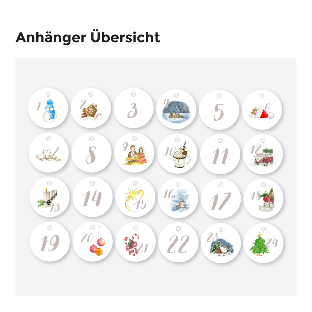 Übersicht mit 24 Adventskalender-Anhängern zum Basteln – runde Papieranhänger mit liebevoll handgemalten Weihnachtsmotiven und Zahlen von 1 bis 24