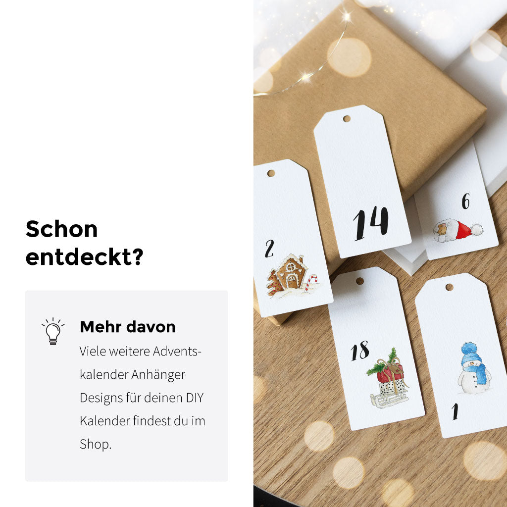 Weitere Geschenkanhänger-Sets für DIY-Adventskalender im Shop. Rechteckige Anhänger: Zahl 1 mit Schneemann, Zahl 2 mit Lebkuchenhaus, Zahl 6 mit Nikolausmütze, Zahl 14 ohne Motiv, Zahl 18 mit Geschenk-Schlitten