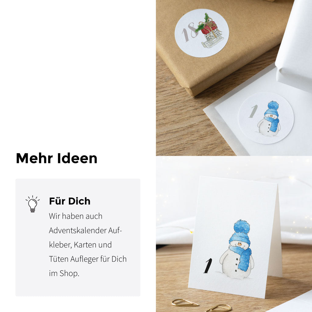 Adventskalender-Inspiration zum Basteln mit Aufklebern und Tüten Auflegern: Zahl 1 mit Schneemann, Zahl 18 mit Geschenkschlitten – Kombination mit weiteren Produkten wie Aufklebern oder Karten möglich