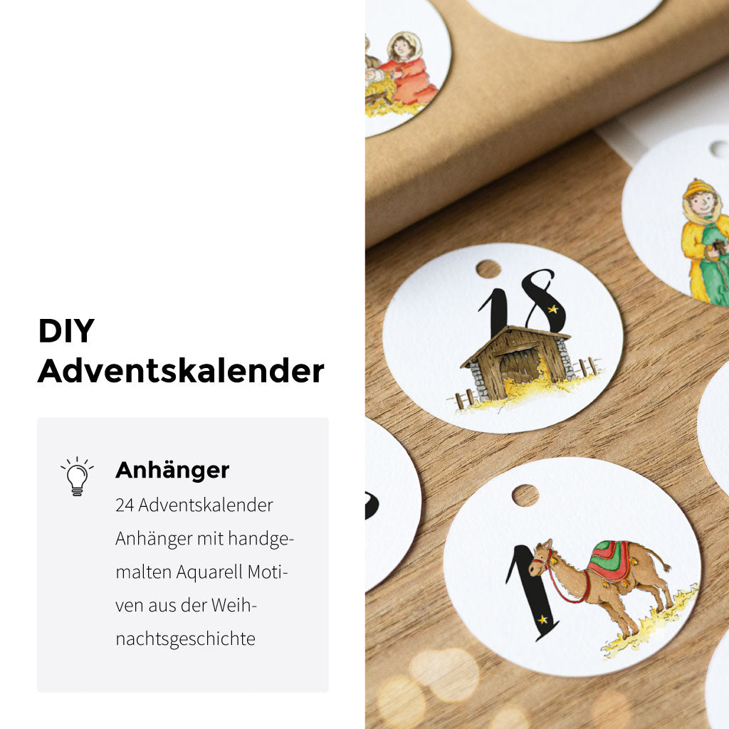DIY-Adventskalender-Anhänger aus Papier mit Aquarellmotiven: Zahl 18 mit Stall, Zahl 1 mit Kamel