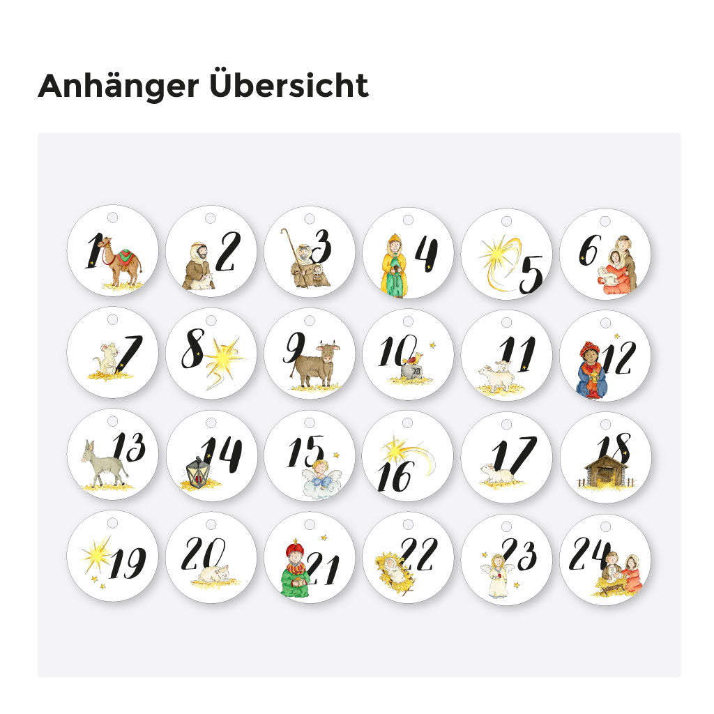 Übersicht mit 24 DIY-Adventskalender-Anhängern zum Basteln, alle mit liebevoll handgemalten Aquarellmotiven zur Weihnachtsgeschichte und Zahlen von 1 bis 24