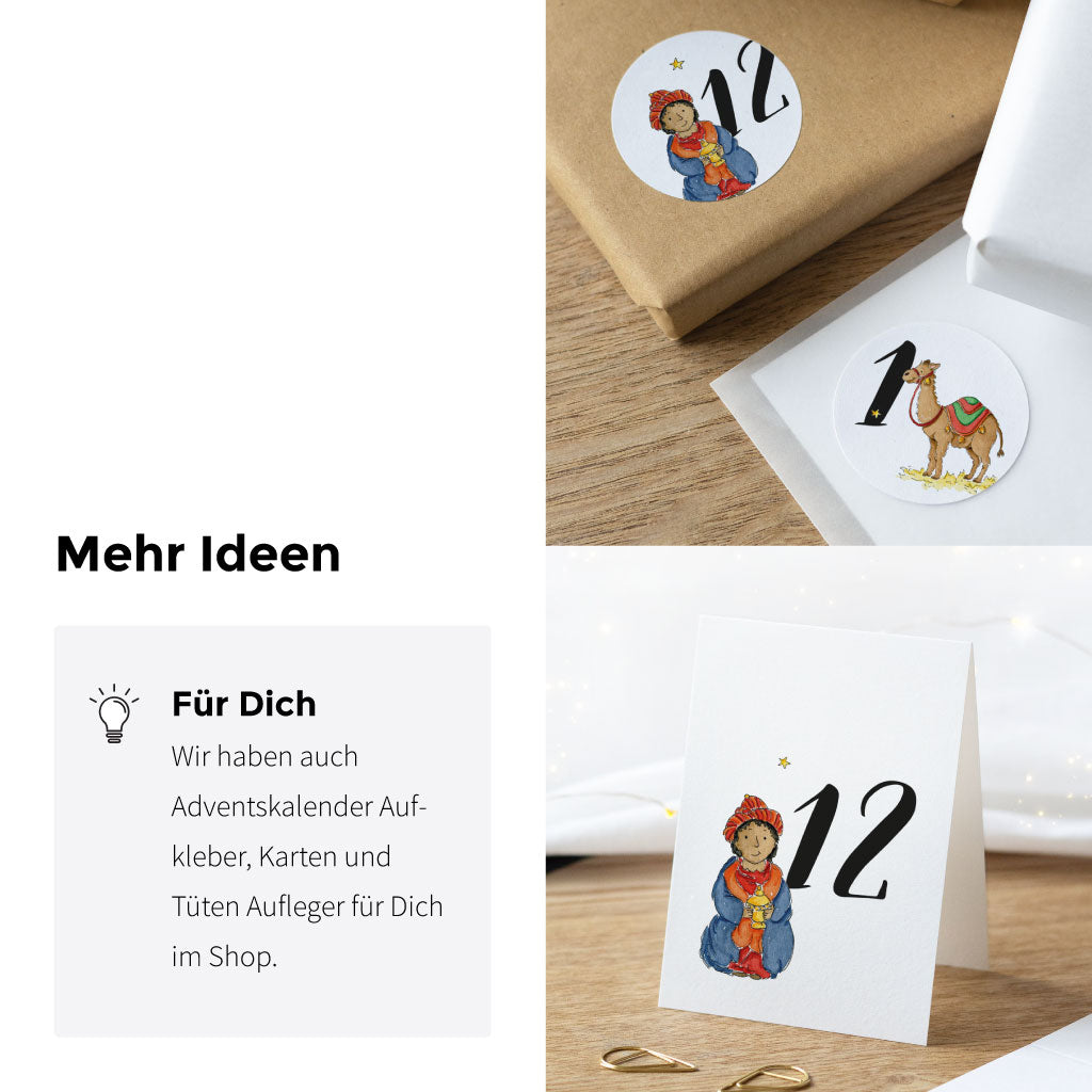 Kombination aus Aufklebern, Karten und Tütenauflegern zum Basteln: DIY-Adventskalender-Produkte mit Aquarellmotiven der Zahlen 1 und 12