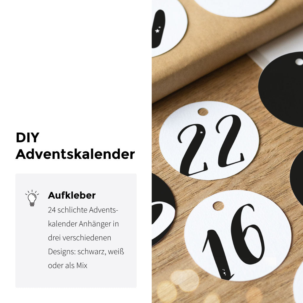 Runde Adventskalender-Anhänger zum Basteln – Design in Weiß und Schwarz mit Zahl 16 und 22, stilvoll für moderne DIY-Projekte
