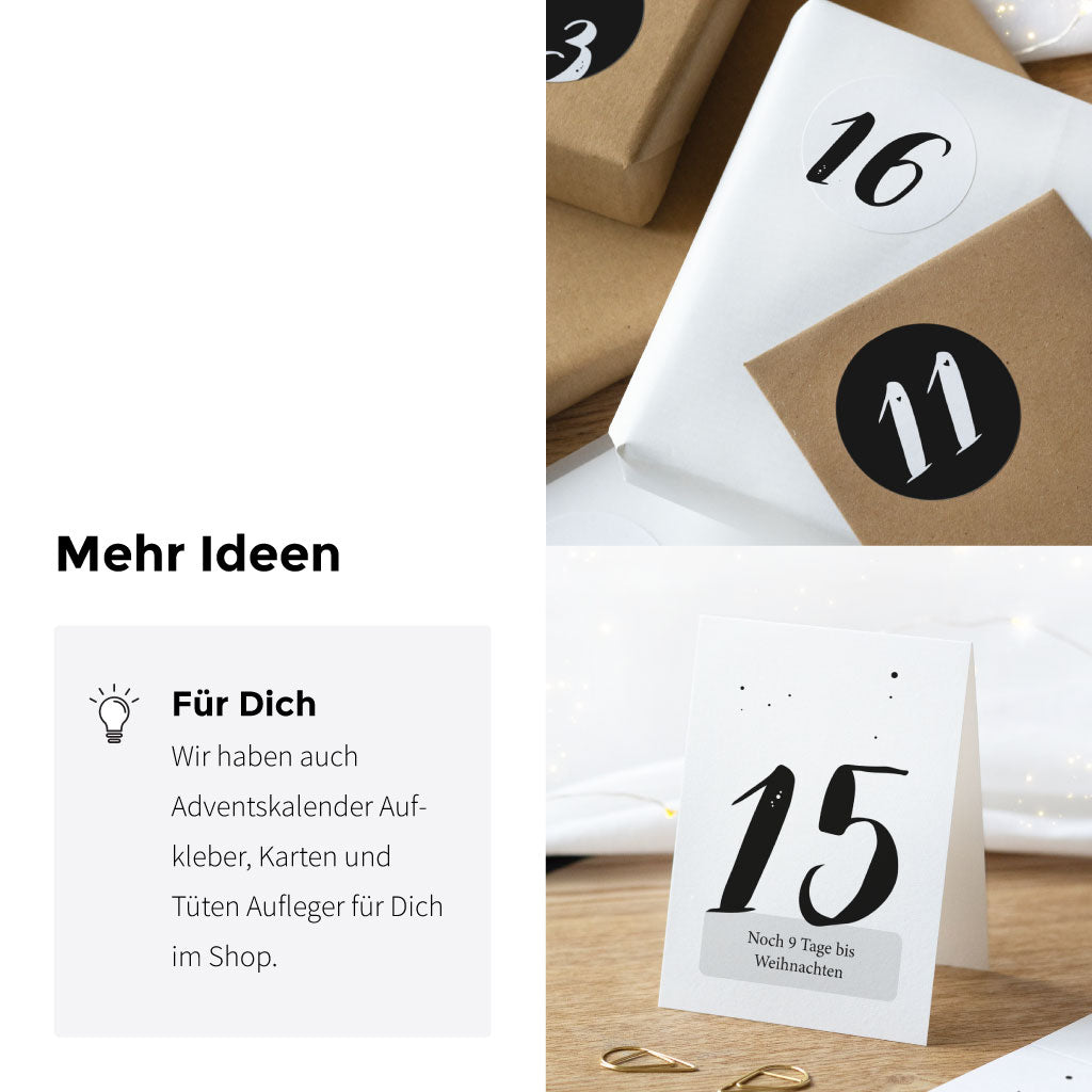 Schlichte schwarz weiße Adventskalender Zahlen auch als Aufkleber, Tüten Aufkleber oder als digitale Datei erhältlich