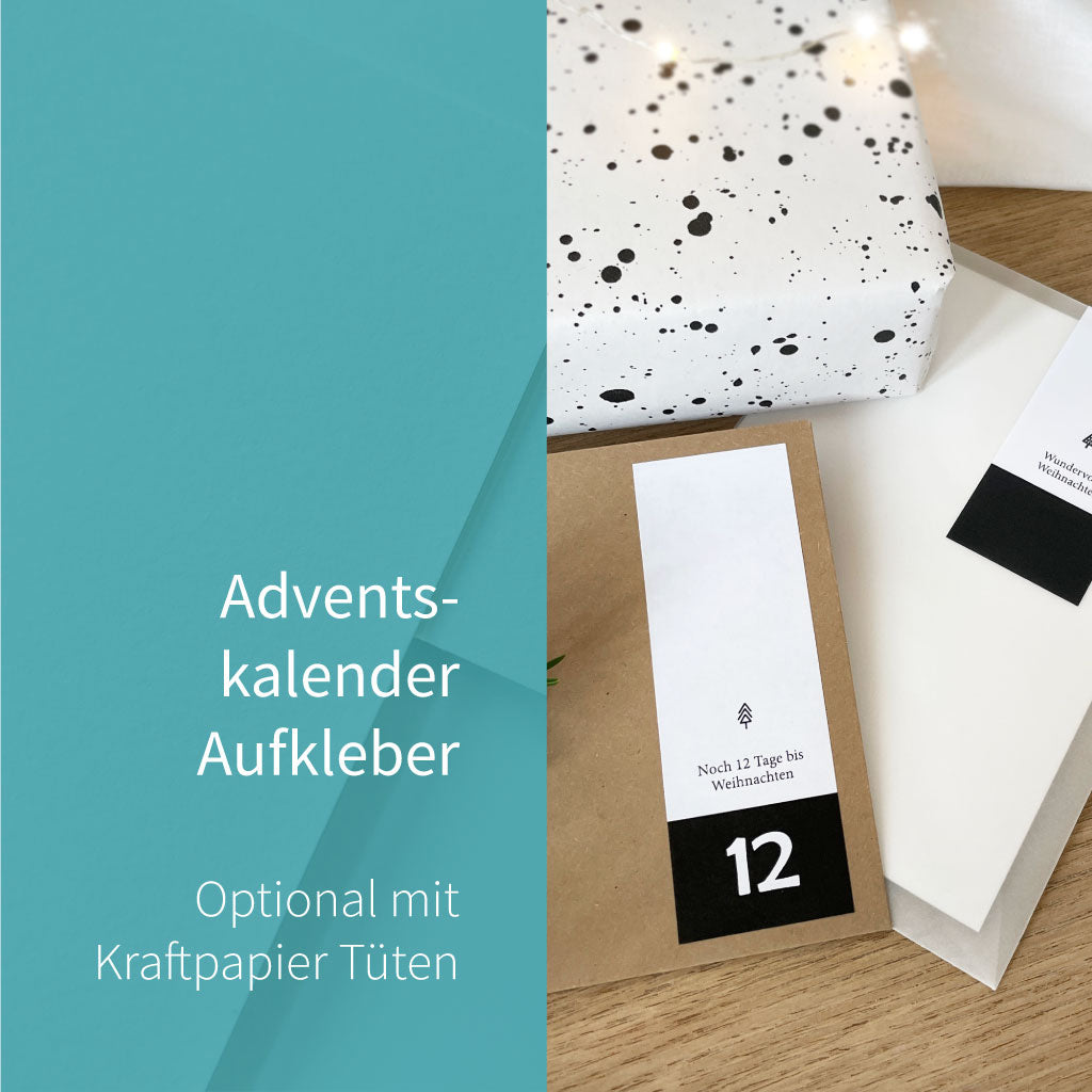 Rechteckige Aufkleber mit Zahlen und kleinen Weihnachtssymbolen