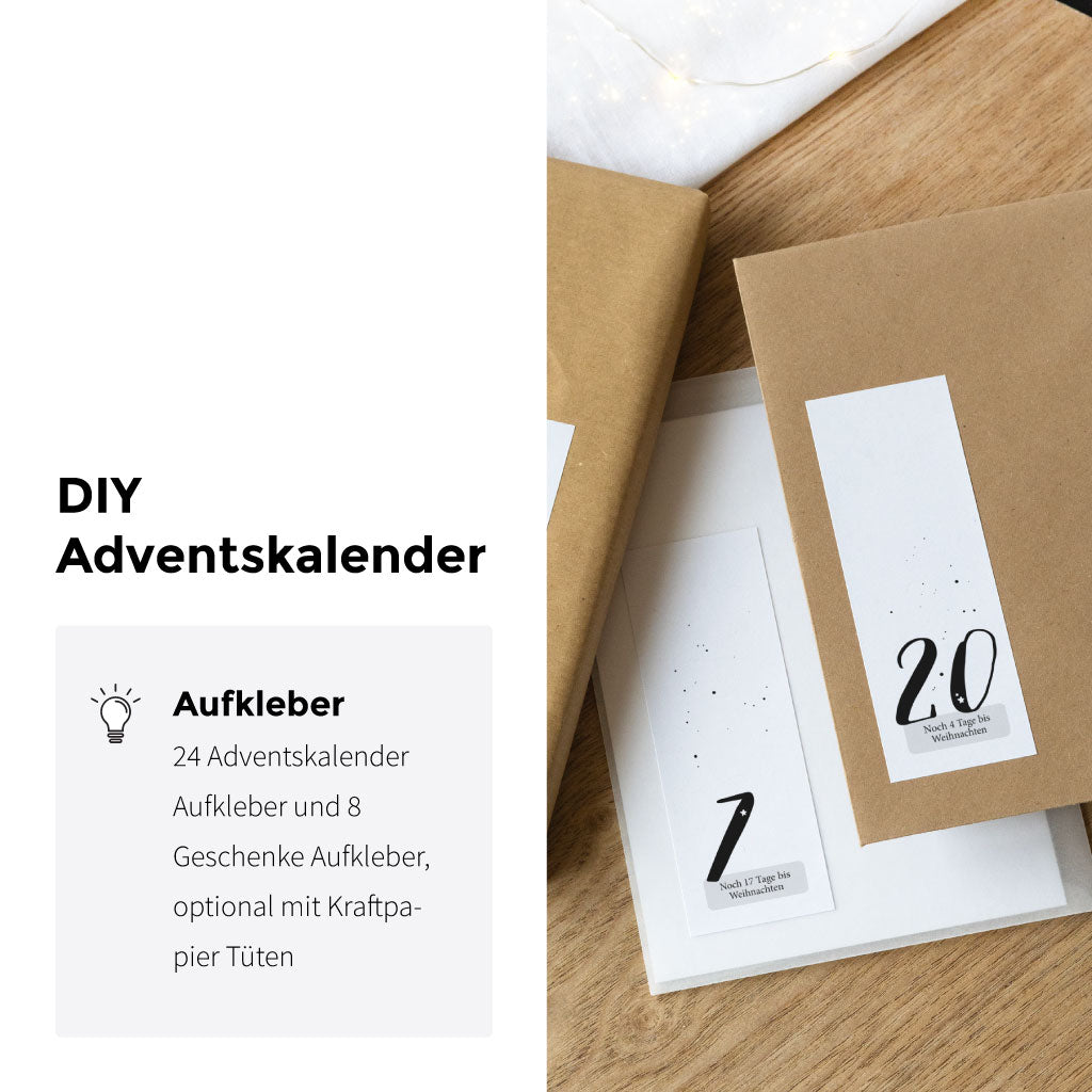 24 Adventskalender Sticker in minimalistischem schwarz weiß Look mit 8 Geschenke Aufklebern