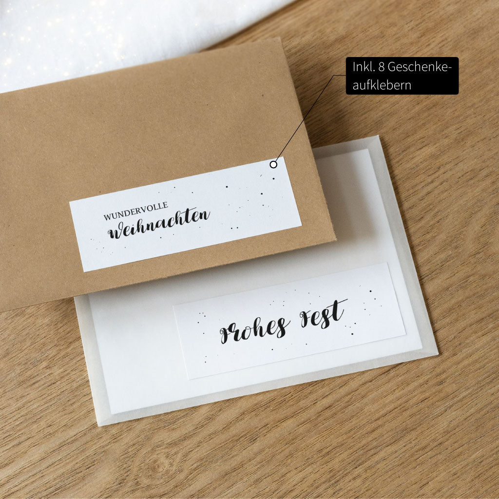 Zusätzlich sind 8 Weihnachtsgeschenke Aufkleber ohne Zahlen enthalten