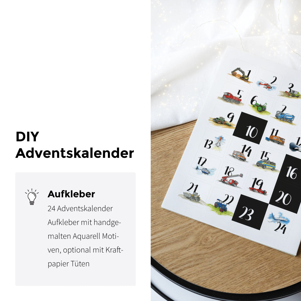 Handgemalte Aquarell Motive mit Fahrzeugen für individuellen Adventskalender