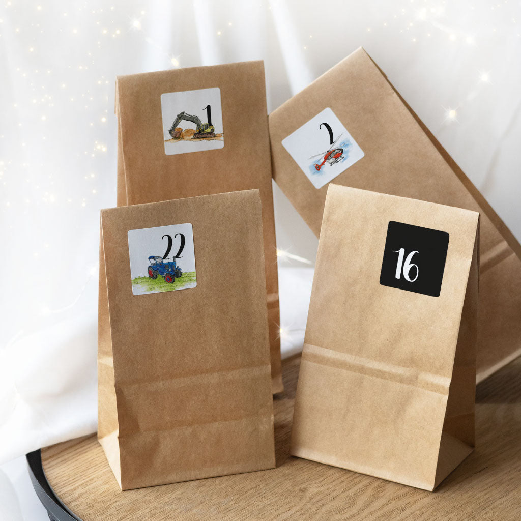 Aufkleber auf Tüten Kalender mit Blockbodenbeuteln aus Kraftpapier
