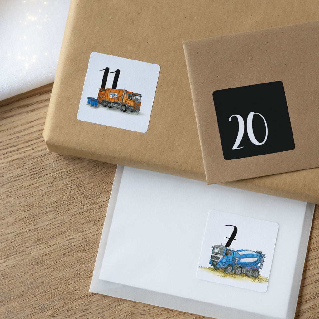 Detailfoto von Aufkleber 20 ohne Motiv, Aufkleber 11 mit Müllabfuhr und Aufkleber 7 mit Betonmischer
