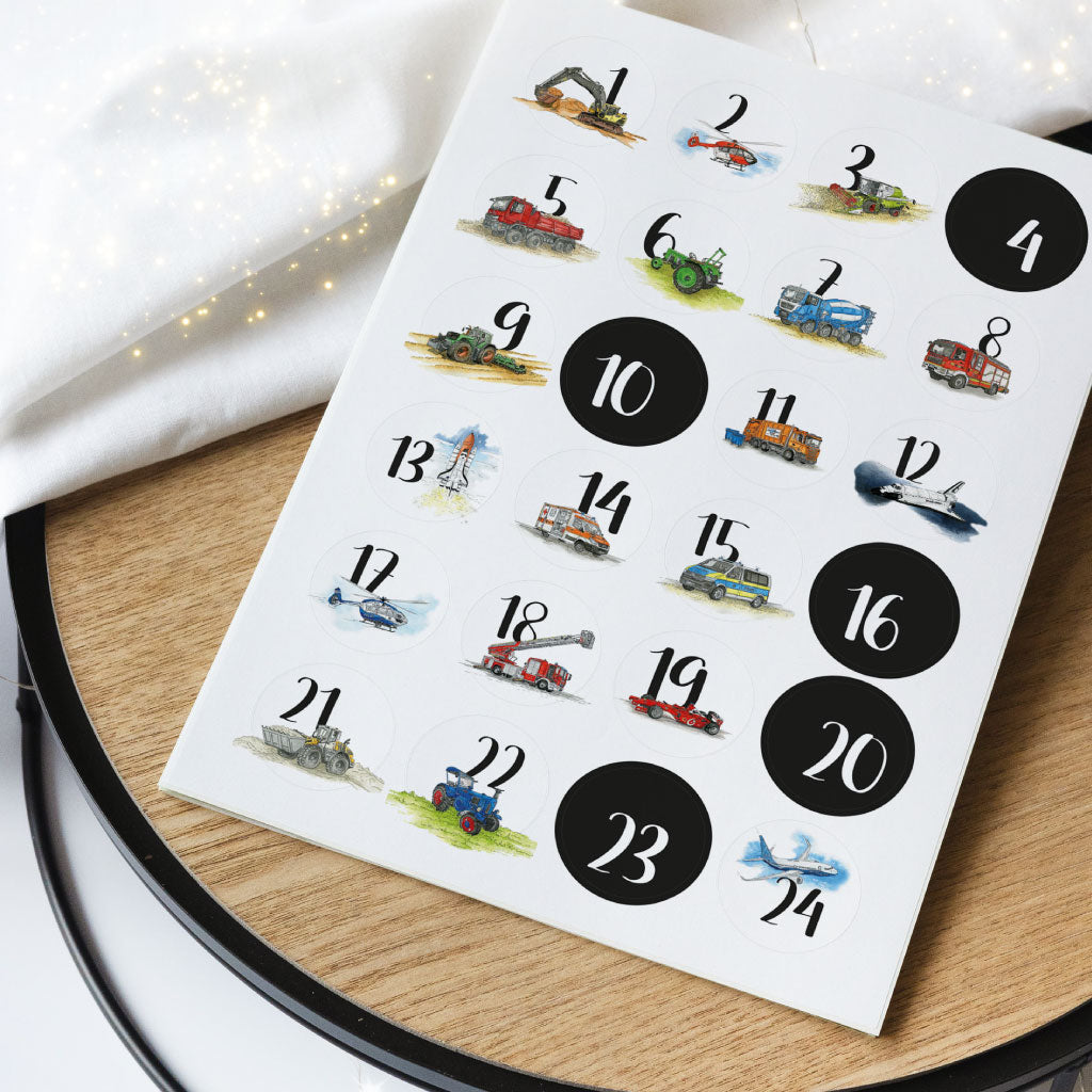 DIN A4 Stickerbogen mit 24 Zahlen Aufklebern und Fahrzeug