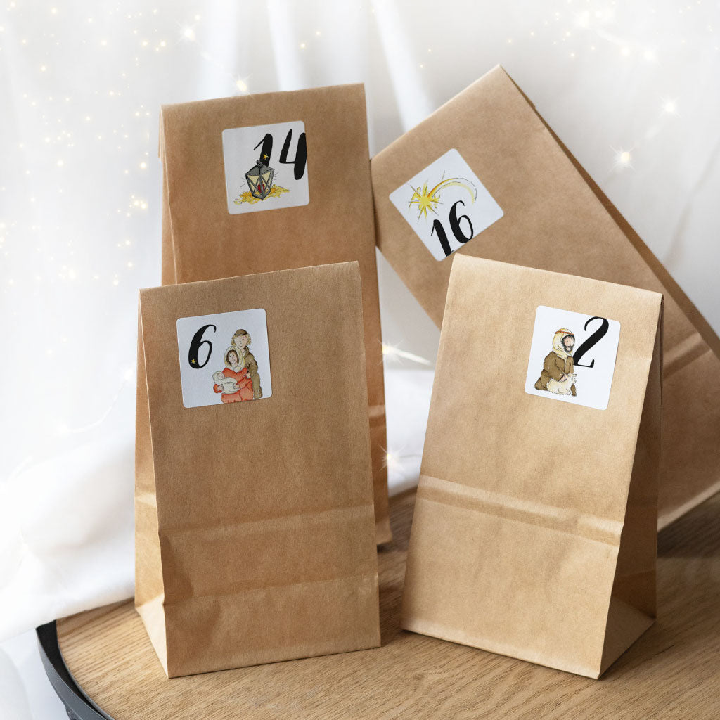 Aufkleber auf Tüten Kalender mit Blockbodenbeuteln aus Kraftpapier