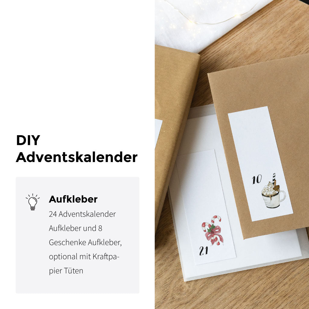 24 Adventskalender Sticker und 8 Geschenke Aufkleber im Set