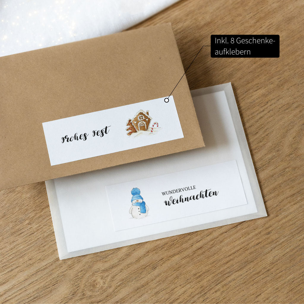 Zusätzlich sind 8 Weihnachtsgeschenke Aufkleber ohne Zahlen enthalten