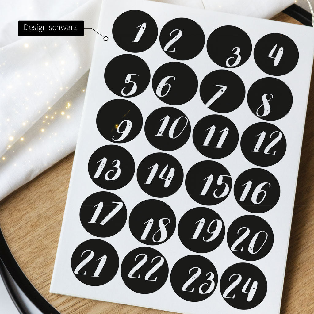 Schwarzes Aufkleber Design mit 24 Adventskalender Zahlen Stickern