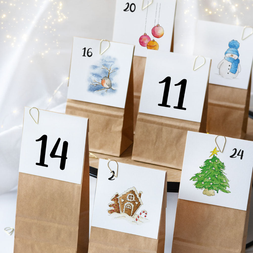 Weihnachtskalender Karten auf Tüten