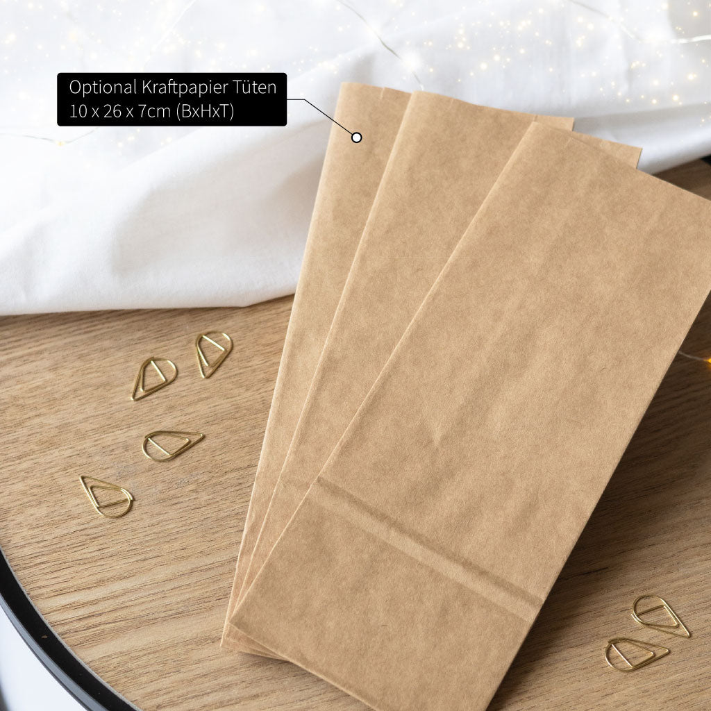Optional mit Kraftpapier Tüten und goldfarbenen Klammern