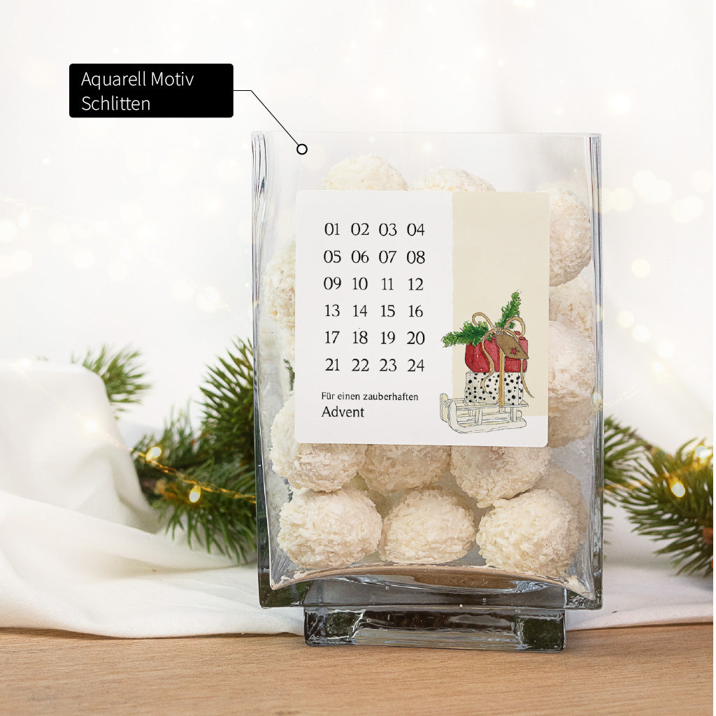Weihnachtlicher Countdown Sticker für Gläser mit einem handgemalten Schlitten Aquarell Motiv zum Verschenken