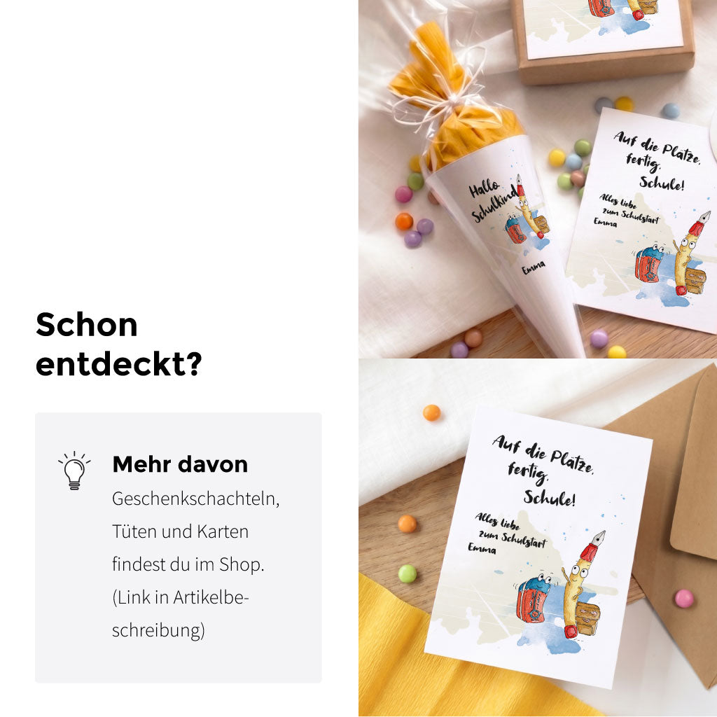 Inspiration für die Einschulungsparty mit Gastgeschenk Tüten und Karten im passenden Stifte Aquarell Motiv Design.