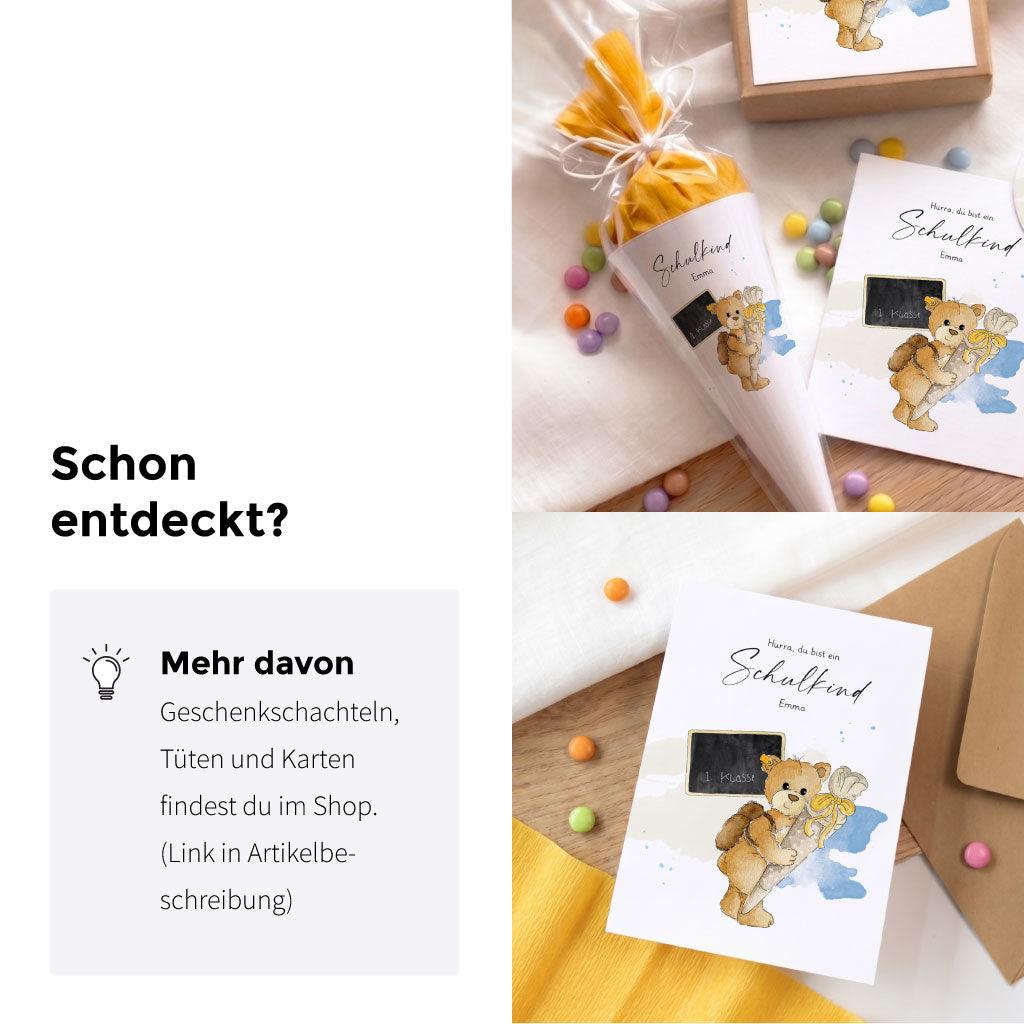 Passende Papeterie zur Einschulung: Karte, Geschenkschachtel und Anhänger mit handgemaltem Teddy Aquarell Motiv.
