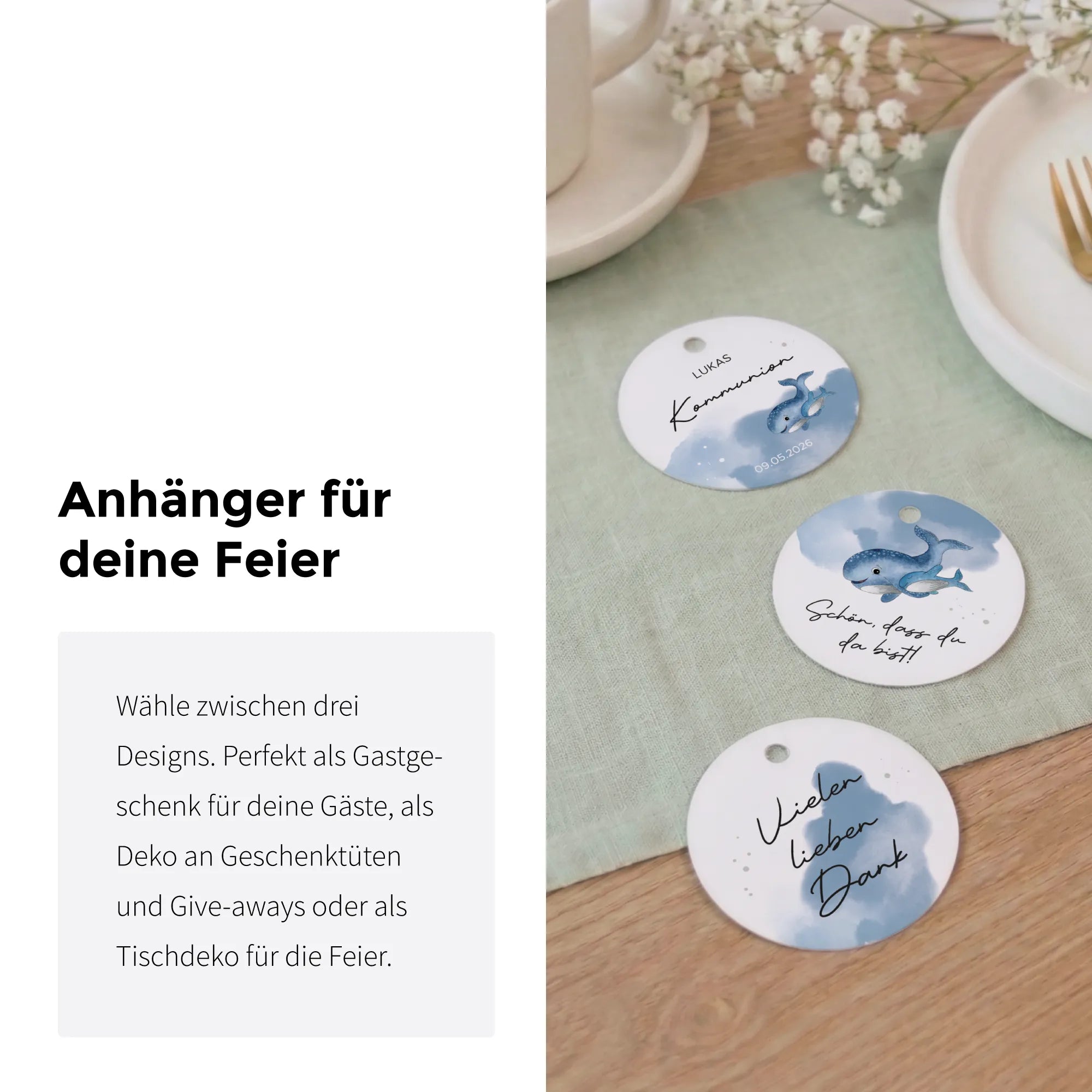 Drei Anhänger zur Kommunion und Konfirmation mit Aquarell Motiv Wal auf Tischläufer, Designübersicht mit Erklärungstext