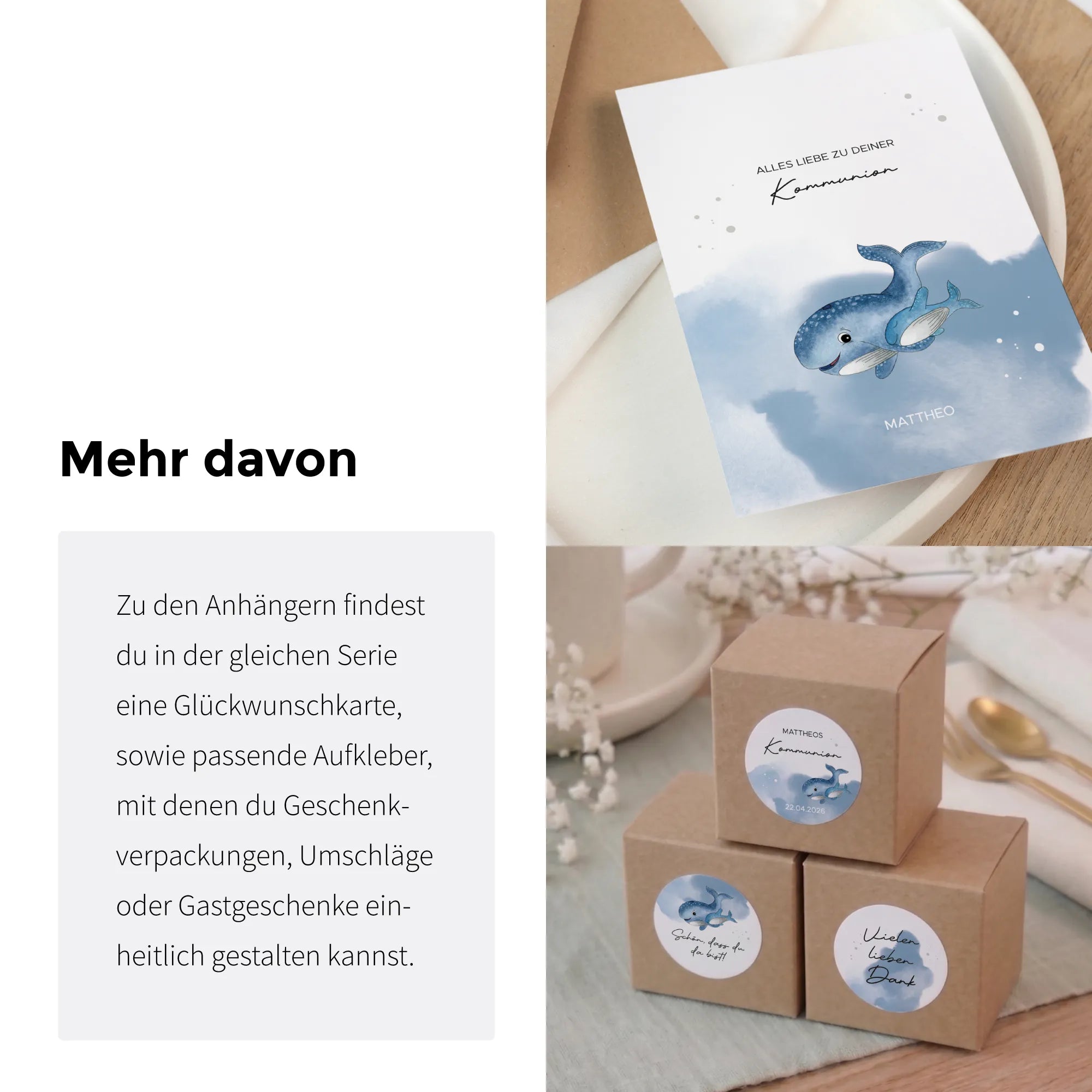 nhänger zur Kommunion mit Aquarell Motiv Wal und passende Aufkleber sowie Glückwunschkarte in gleicher Serie