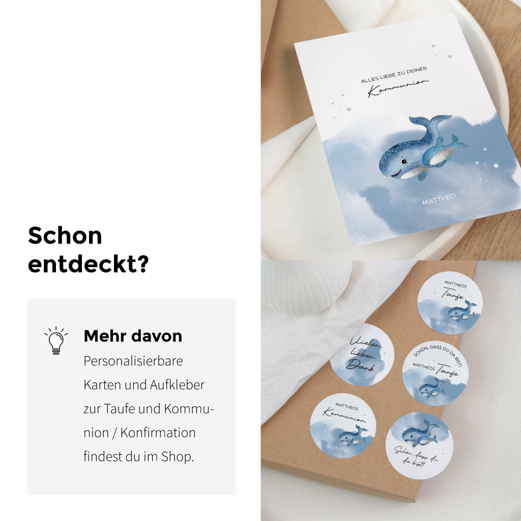 Passende Karten und Aufkleber zur Kommunion und Konfirmation mit dem gleichen wunderschönen Wal Aquarell Motiv.