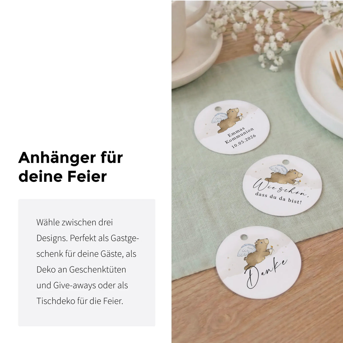 Drei runde Anhänger zur Kommunion und Konfirmation mit Aquarell Motiv Engelbär als Gastgeschenk, Tischdeko und Geschenkanhänger im Überblick.