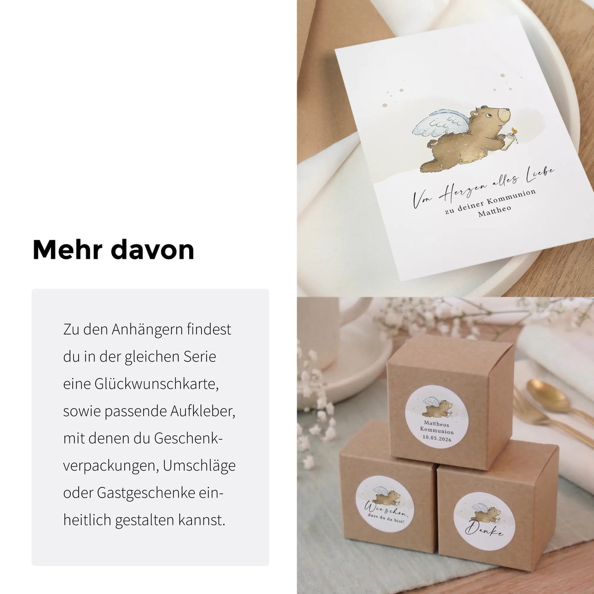 Passende Papeterie-Serie zur Kommunion mit Aquarell Motiv Engelbär: Anhänger, Glückwunschkarte und Aufkleber für Gastgeschenke und Geschenkboxen.