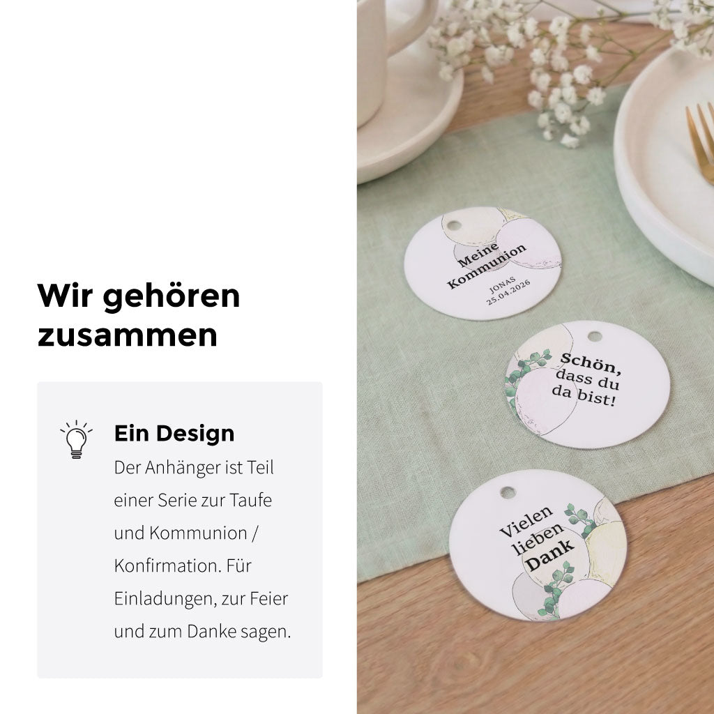 Übersicht verschiedener personalisierter Anhänger mit Luftballon Aquarell Motiv für die Feier.