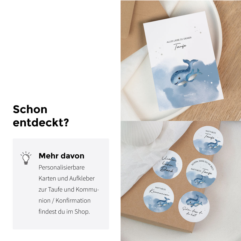 Passende Papeterie zur Taufe mit Grußkarte und Aufklebern die das gleiche handgemalte Wal Aquarell Motiv zeigen.