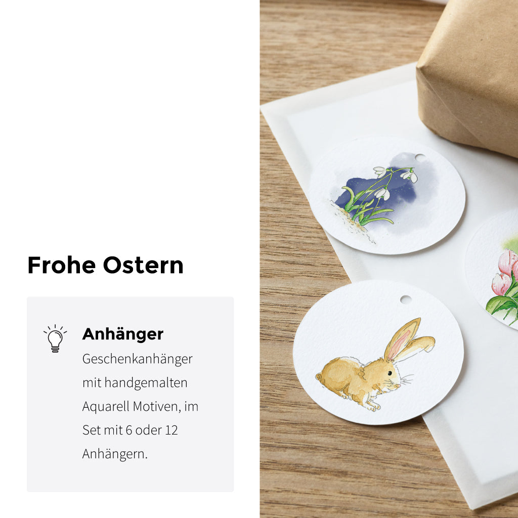 Set aus runden Anhängern zu Ostern mit Aquarellmotiven wie Frühlingsblumen und Osterhase – hübsch zum Dekorieren und Verpacken.