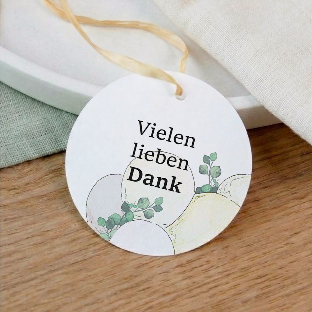 Runder Anhänger mit Text Vielen lieben Dank und Luftballon Aquarell Motiv als Deko für Gastgeschenke.