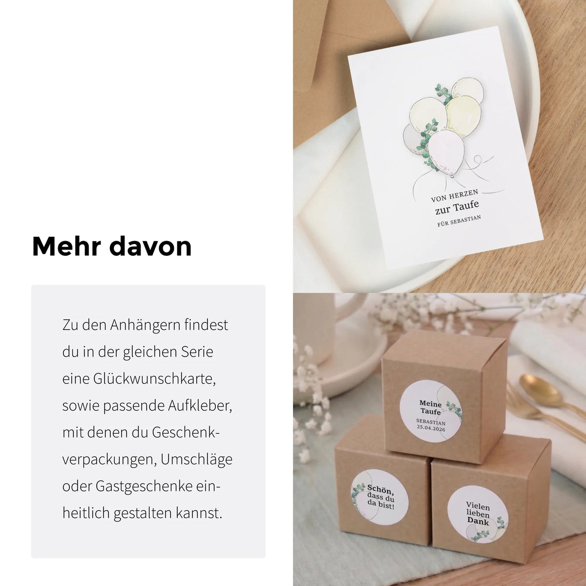 Taufe Papeterie Serie mit Aquarell Motiv: Anhänger, Glückwunschkarte und Aufkleber für Gastgeschenke und Geschenkboxen zur Baby Taufe