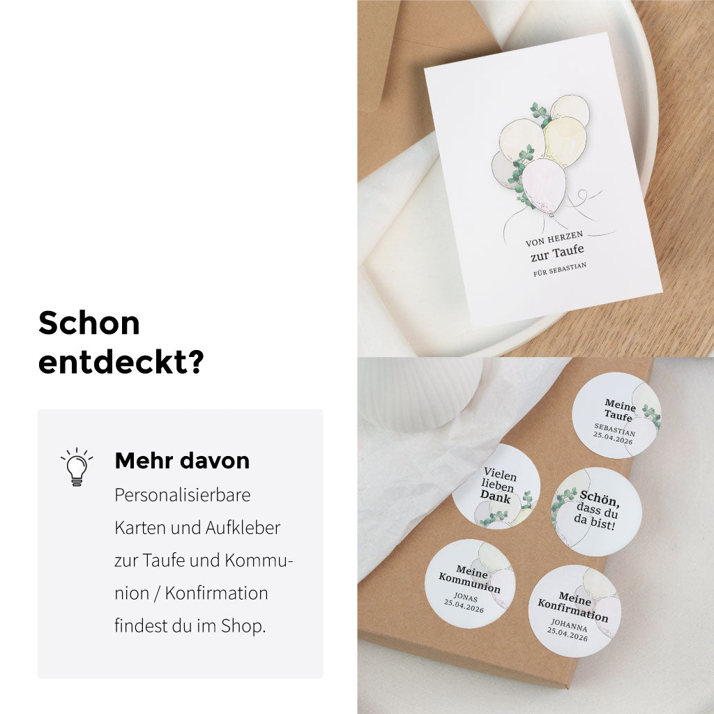 Übersicht der passenden Papeterie zur Taufe mit Karten und Aufklebern passend zum Luftballon Aquarell Motiv.