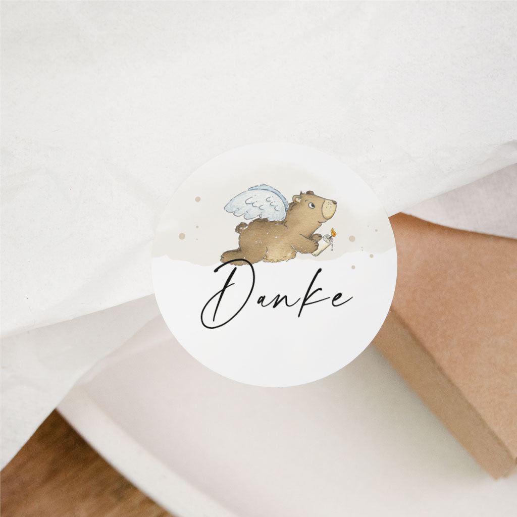 Danke Aufkleber mit Engel-Bär auf Geschenkverpackung, passend für Gastgeschenk oder Mitgebsel zur Taufe, Kommunion oder Konfirmation