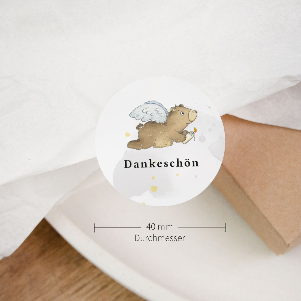 Runder Danke Sticker mit Engel-Bär in 40 mm Größe, passend für Taufe, Kommunion, Konfirmation und kleine Gastgeschenke